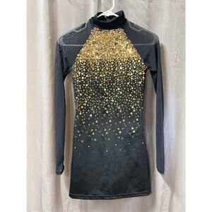 BALERA sparkly black gold leotard mesh sleeves SA euc dance acro costume Women S